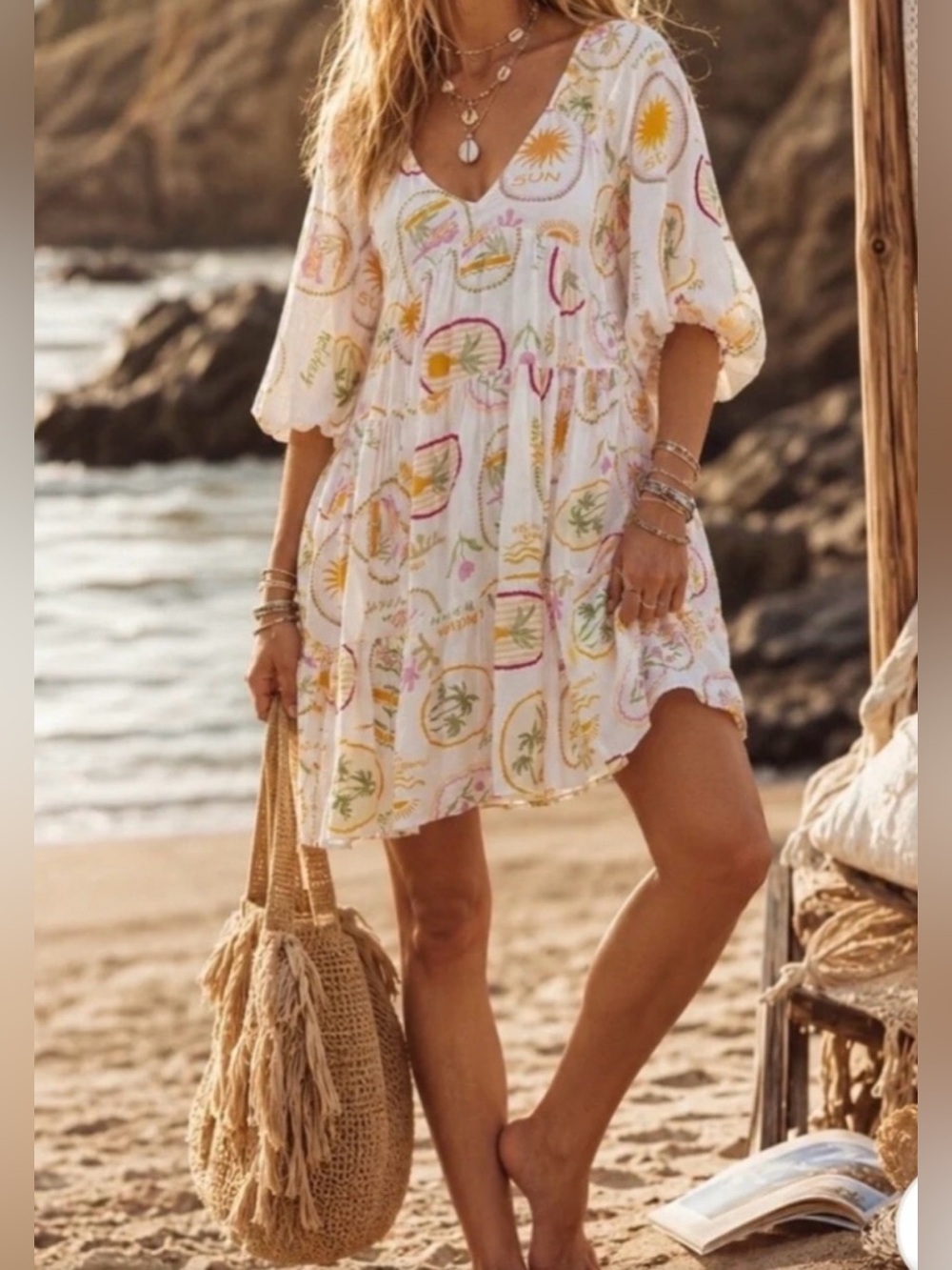 NWOT Millibon Boutique Palmera Tropical Print Mini Boho Babydoll Dress Size S